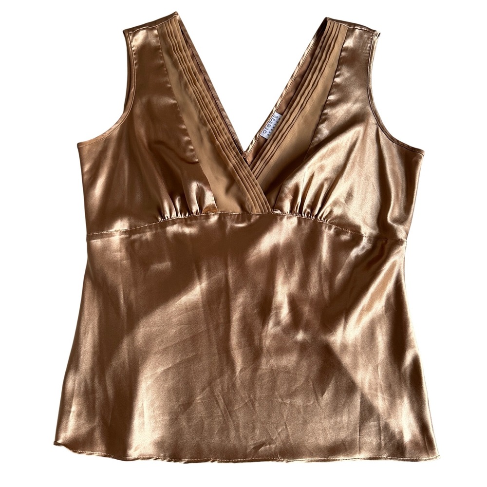 Y2K George Satin Babydoll Blouse Womens L VNeck Tank Bow Coquette Girl Ibiza‎